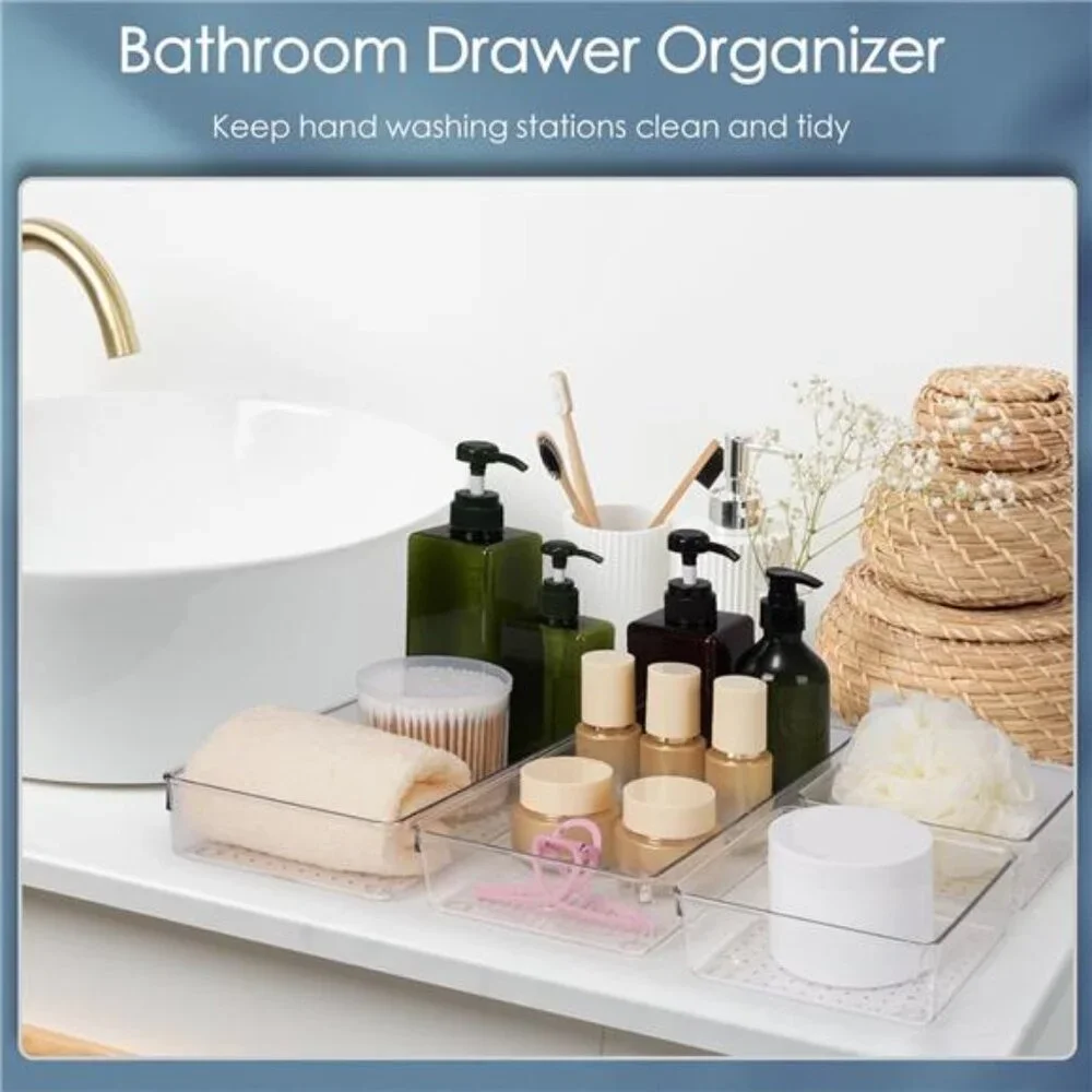 Clear drawer organizer set large plastic storage bins bathroom kitchen desk tray